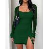 imageKaximil Womens Sexy Bodycon Mesh Long Sleeve Square Neck Slit Party Short Mini DressDark Green