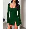 imageKaximil Womens Sexy Bodycon Mesh Long Sleeve Square Neck Slit Party Short Mini DressDark Green