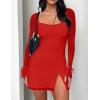 imageKaximil Womens Sexy Bodycon Mesh Long Sleeve Square Neck Slit Party Short Mini DressRed