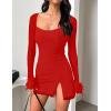 imageKaximil Womens Sexy Bodycon Mesh Long Sleeve Square Neck Slit Party Short Mini DressRed