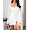 imageKaximil Womens Sexy Bodycon Mesh Long Sleeve Square Neck Slit Party Short Mini DressWhite