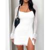 imageKaximil Womens Sexy Bodycon Mesh Long Sleeve Square Neck Slit Party Short Mini DressWhite
