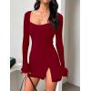 imageKaximil Womens Sexy Bodycon Mesh Long Sleeve Square Neck Slit Party Short Mini DressWine Red
