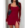 imageKaximil Womens Sexy Bodycon Mesh Long Sleeve Square Neck Slit Party Short Mini DressWine Red