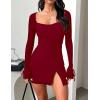 imageKaximil Womens Sexy Bodycon Mesh Long Sleeve Square Neck Slit Party Short Mini DressWine Red