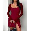 imageKaximil Womens Sexy Bodycon Mesh Long Sleeve Square Neck Slit Party Short Mini DressWine Red