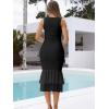 imageKaximil Womens Sexy Bodycon Ruched Square Neck Midi Dresses Elegant Sleeveless Ruffle Cocktail Party DressBlack