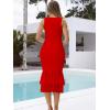imageKaximil Womens Sexy Bodycon Ruched Square Neck Midi Dresses Elegant Sleeveless Ruffle Cocktail Party DressRed