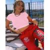 imageKaximil Womens Short Sleeve Crop Tops Cute Casual Basic Crew Neck Tight T ShirtsPink