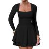 imageKaximil Womens Square Neck Ruffle Hem Mini Dress Ruched Waist Long Sleeve Corset Short Party DressesBlack