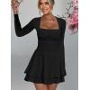 imageKaximil Womens Square Neck Ruffle Hem Mini Dress Ruched Waist Long Sleeve Corset Short Party DressesBlack