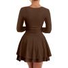 imageKaximil Womens Square Neck Ruffle Hem Mini Dress Ruched Waist Long Sleeve Corset Short Party DressesCoffee