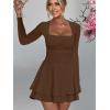 imageKaximil Womens Square Neck Ruffle Hem Mini Dress Ruched Waist Long Sleeve Corset Short Party DressesCoffee
