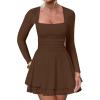 imageKaximil Womens Square Neck Ruffle Hem Mini Dress Ruched Waist Long Sleeve Corset Short Party DressesCoffee