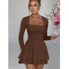 imageKaximil Womens Square Neck Ruffle Hem Mini Dress Ruched Waist Long Sleeve Corset Short Party DressesCoffee