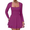 imageKaximil Womens Square Neck Ruffle Hem Mini Dress Ruched Waist Long Sleeve Corset Short Party DressesPurple Red