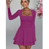 imageKaximil Womens Square Neck Ruffle Hem Mini Dress Ruched Waist Long Sleeve Corset Short Party DressesPurple Red