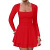 imageKaximil Womens Square Neck Ruffle Hem Mini Dress Ruched Waist Long Sleeve Corset Short Party DressesRed