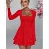 imageKaximil Womens Square Neck Ruffle Hem Mini Dress Ruched Waist Long Sleeve Corset Short Party DressesRed