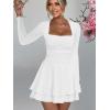 imageKaximil Womens Square Neck Ruffle Hem Mini Dress Ruched Waist Long Sleeve Corset Short Party DressesWhite