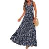 imageWomen Sleeveless Boho Floral Maxi Dress Summer Casual Wrap Vneck Smocked Tie Flowy Ruffle Tiered Beach Long Sundress PocketNavy