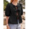 imageWomens Tie Front Peplum Blouses Puff Short Sleeve Crewneck Shirt Cute Y2K Coquette Babydoll Going Out TopsBlack