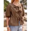 imageWomens Tie Front Peplum Blouses Puff Short Sleeve Crewneck Shirt Cute Y2K Coquette Babydoll Going Out TopsBrown