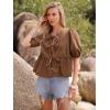 imageWomens Tie Front Peplum Blouses Puff Short Sleeve Crewneck Shirt Cute Y2K Coquette Babydoll Going Out TopsBrown