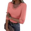 image34 Length Sleeve Womens Tops Lace Sexy V Neck Ribbed Knit Fitted T Shirts Dressy Casual Blouses Going Out TopsCoral