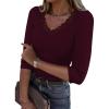 image34 Length Sleeve Womens Tops Lace Sexy V Neck Ribbed Knit Fitted T Shirts Dressy Casual Blouses Going Out TopsWine Red