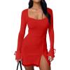 imageKaximil Womens Sexy Bodycon Mesh Long Sleeve Square Neck Slit Party Short Mini DressRed