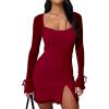 imageKaximil Womens Sexy Bodycon Mesh Long Sleeve Square Neck Slit Party Short Mini DressWine Red