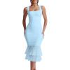 imageKaximil Womens Sexy Bodycon Ruched Square Neck Midi Dresses Elegant Sleeveless Ruffle Cocktail Party DressBabyblue