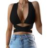 imageKaximil Womens Sexy Sleeveless Halter Criss Cross Cami Lace Up Self Tie Tank Crop TopsBlack