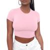 imageKaximil Womens Short Sleeve Crop Tops Cute Casual Basic Crew Neck Tight T ShirtsPink