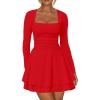 imageKaximil Womens Square Neck Ruffle Hem Mini Dress Ruched Waist Long Sleeve Corset Short Party DressesRed