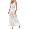 imageWomen Sleeveless Boho Floral Maxi Dress Summer Casual Wrap Vneck Smocked Tie Flowy Ruffle Tiered Beach Long Sundress PocketWhite With Lace