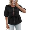 imageWomens Tie Front Peplum Blouses Puff Short Sleeve Crewneck Shirt Cute Y2K Coquette Babydoll Going Out TopsBlack