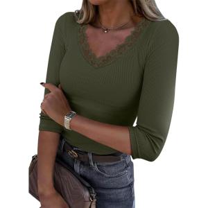 image34 Length Sleeve Womens Tops Lace Sexy V Neck Ribbed Knit Fitted T Shirts Dressy Casual Blouses Going Out TopsArmy Green