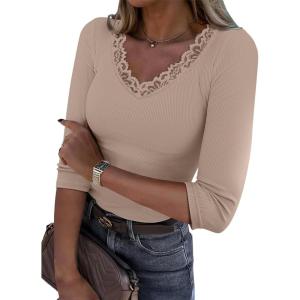 image34 Length Sleeve Womens Tops Lace Sexy V Neck Ribbed Knit Fitted T Shirts Dressy Casual Blouses Going Out TopsBeige