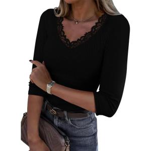 image34 Length Sleeve Womens Tops Lace Sexy V Neck Ribbed Knit Fitted T Shirts Dressy Casual Blouses Going Out TopsBlack