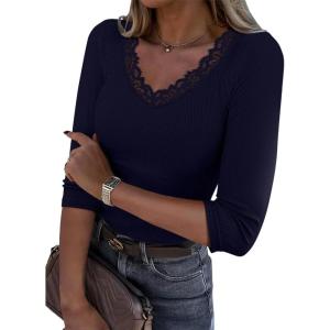 image34 Length Sleeve Womens Tops Lace Sexy V Neck Ribbed Knit Fitted T Shirts Dressy Casual Blouses Going Out TopsBlue