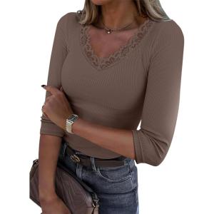 image34 Length Sleeve Womens Tops Lace Sexy V Neck Ribbed Knit Fitted T Shirts Dressy Casual Blouses Going Out TopsBrown
