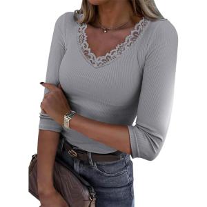 image34 Length Sleeve Womens Tops Lace Sexy V Neck Ribbed Knit Fitted T Shirts Dressy Casual Blouses Going Out TopsGrey