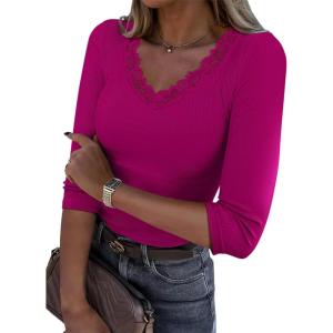 image34 Length Sleeve Womens Tops Lace Sexy V Neck Ribbed Knit Fitted T Shirts Dressy Casual Blouses Going Out TopsHot Pink