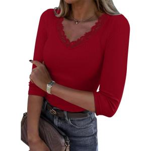 image34 Length Sleeve Womens Tops Lace Sexy V Neck Ribbed Knit Fitted T Shirts Dressy Casual Blouses Going Out TopsRed