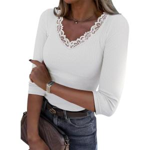 image34 Length Sleeve Womens Tops Lace Sexy V Neck Ribbed Knit Fitted T Shirts Dressy Casual Blouses Going Out TopsWhite