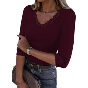 image34 Length Sleeve Womens Tops Lace Sexy V Neck Ribbed Knit Fitted T Shirts Dressy Casual Blouses Going Out TopsWine Red