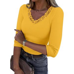 image34 Length Sleeve Womens Tops Lace Sexy V Neck Ribbed Knit Fitted T Shirts Dressy Casual Blouses Going Out TopsYellow