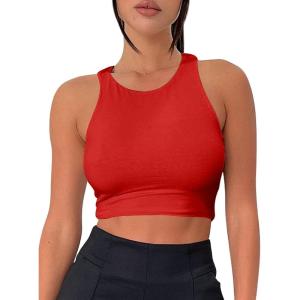 imageKaximil Womens Basic Sleeveless Cropped Tank Tops Sexy Racerback Double Layer Crop TopRed